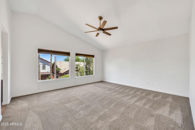 664 E Windsor Dr, Gilbert, AZ 85296 - spare room featuring ceiling fan, carpet flooring, high vaulted ceiling, and baseboards