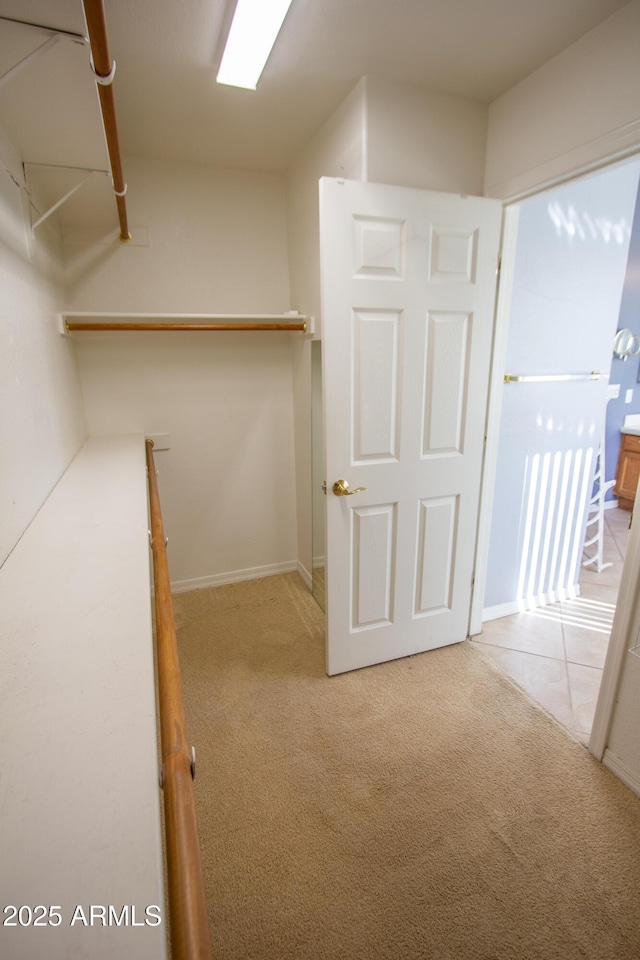 walk in closet with light colored carpet