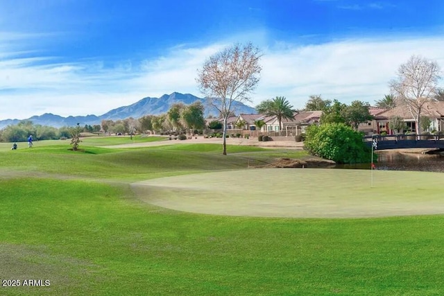 view of community featuring a mountain view and a lawn