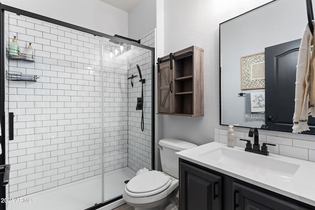 bathroom with toilet, a shower with shower door, tasteful backsplash, and vanity