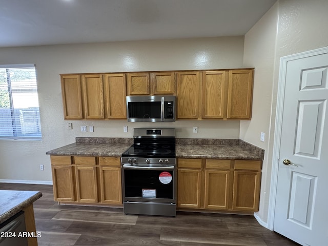 kitchen featuring appliances with stainless steel finishes and dark wood-type flooring