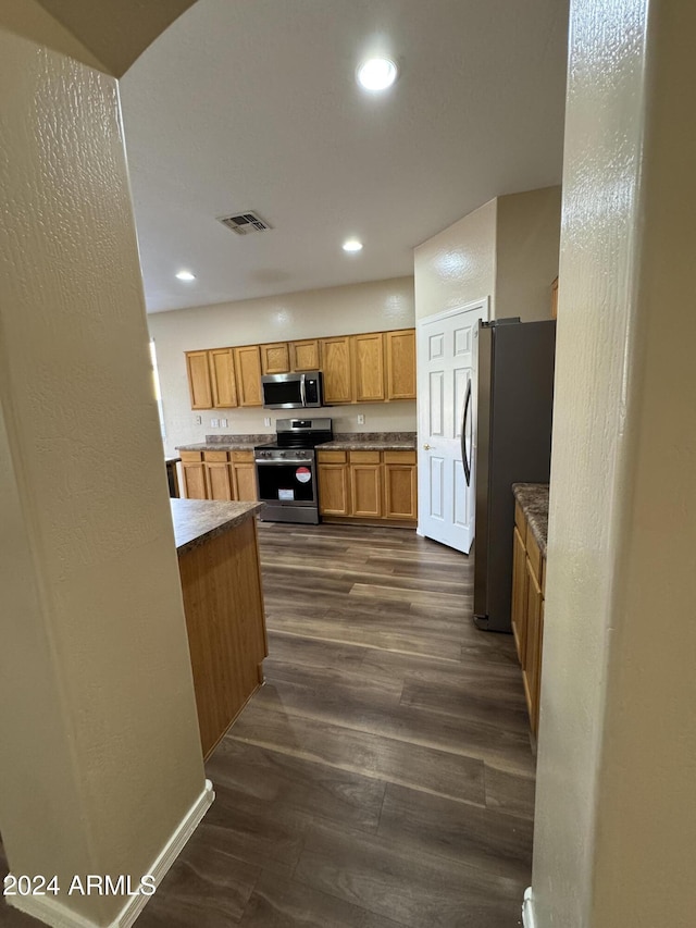 kitchen featuring dark hardwood / wood-style flooring and stainless steel appliances