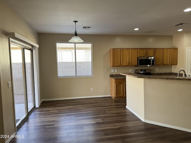 kitchen featuring decorative light fixtures, stainless steel appliances, dark wood-type flooring, and sink