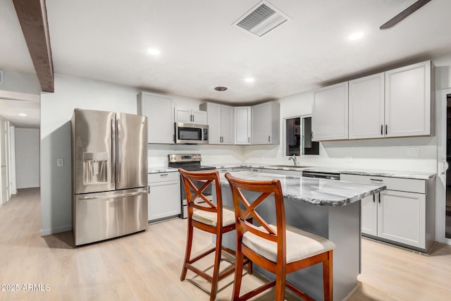 kitchen with light wood-type flooring, visible vents, appliances with stainless steel finishes, and a sink