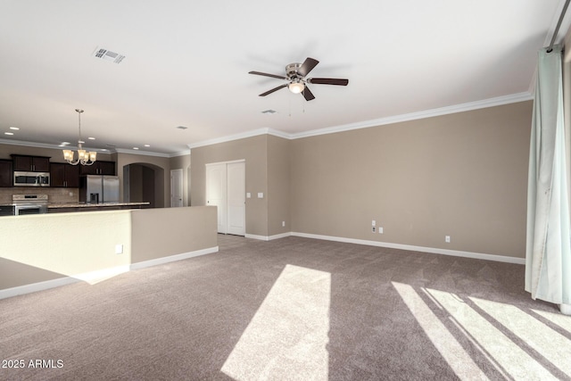 23789 W Chipman Rd, Buckeye, AZ 85326 - unfurnished living room featuring crown molding, ceiling fan with notable chandelier, baseboards, and visible vents