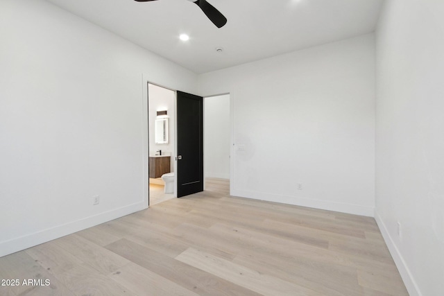 empty room featuring baseboards, recessed lighting, a ceiling fan, and light wood-style floors