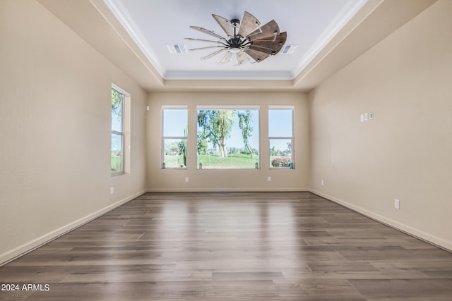 spare room featuring a raised ceiling, plenty of natural light, dark hardwood / wood-style floors, and ornamental molding