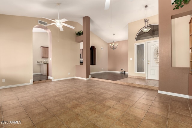 2753 E Kenwood St, Mesa, AZ 85213 - interior space featuring arched walkways, ceiling fan with notable chandelier, high vaulted ceiling, and visible vents