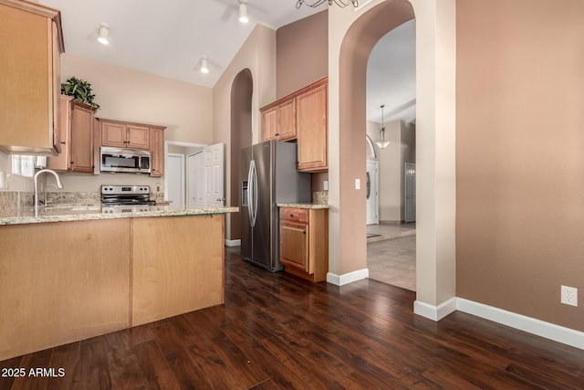 2753 E Kenwood St, Mesa, AZ 85213 - kitchen featuring high vaulted ceiling, rail lighting, a peninsula, a sink, and stainless steel appliances