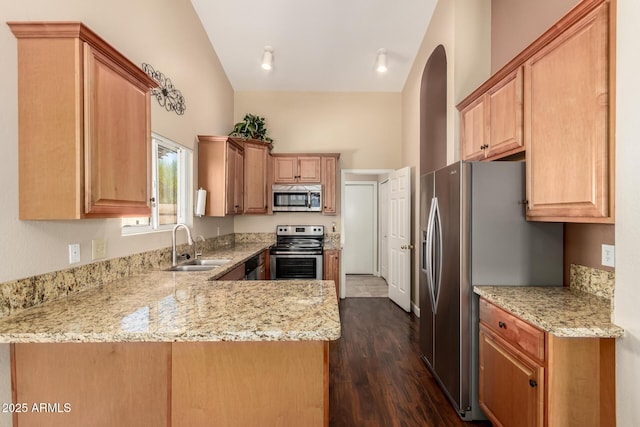 2753 E Kenwood St, Mesa, AZ 85213 - kitchen featuring a peninsula, light stone countertops, dark wood finished floors, stainless steel appliances, and a sink