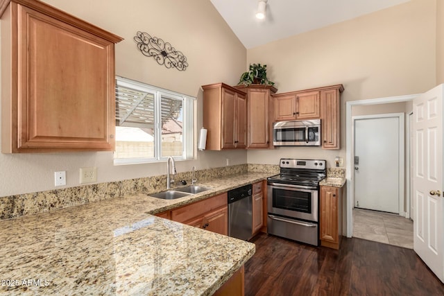 2753 E Kenwood St, Mesa, AZ 85213 - kitchen with appliances with stainless steel finishes, high vaulted ceiling, a sink, and light stone counters