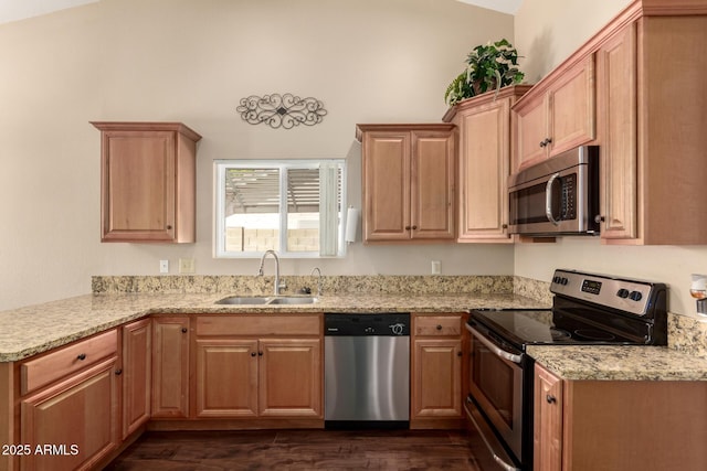 2753 E Kenwood St, Mesa, AZ 85213 - kitchen with dark wood-style flooring, a sink, light stone counters, and appliances with stainless steel finishes