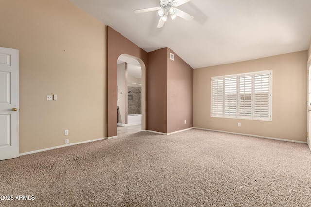2753 E Kenwood St, Mesa, AZ 85213 - interior space with baseboards, visible vents, lofted ceiling, arched walkways, and carpet