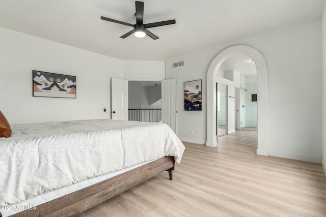 bedroom with ceiling fan and light hardwood / wood-style floors