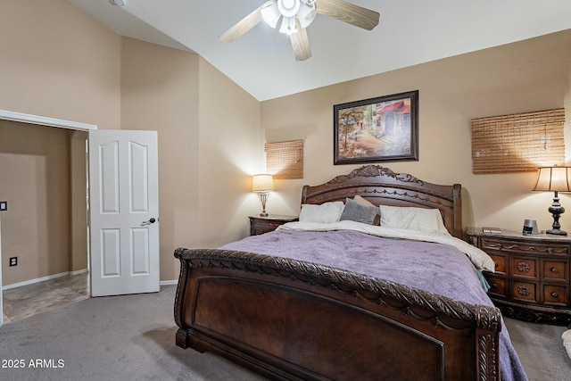 carpeted bedroom with ceiling fan and lofted ceiling