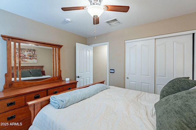 bedroom with ceiling fan and a closet