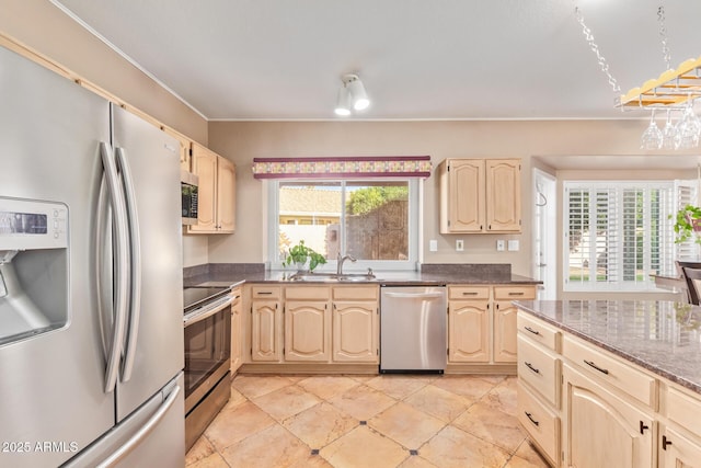 kitchen with ornamental molding, appliances with stainless steel finishes, and sink