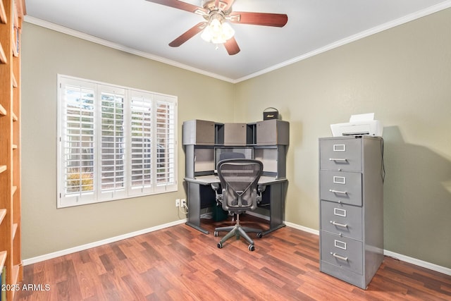 office area with hardwood / wood-style floors, ornamental molding, and ceiling fan