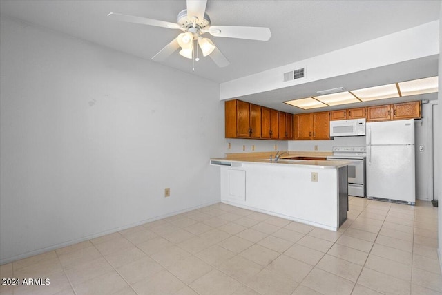 kitchen featuring kitchen peninsula, ceiling fan, light tile patterned floors, and white appliances