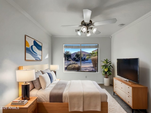 bedroom with dark carpet, ornamental molding, and ceiling fan