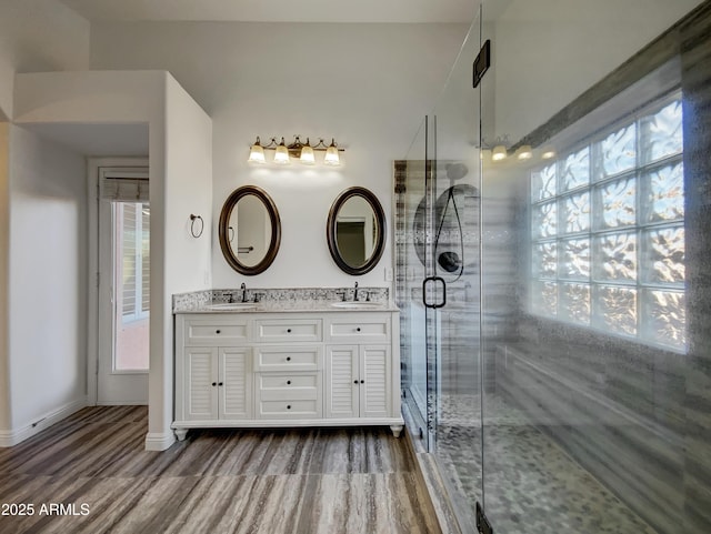 bathroom with hardwood / wood-style flooring, plenty of natural light, and vanity