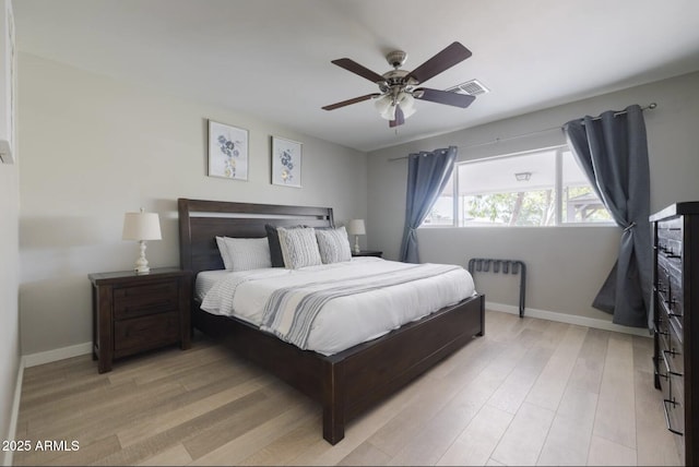 bedroom featuring ceiling fan and light wood-type flooring