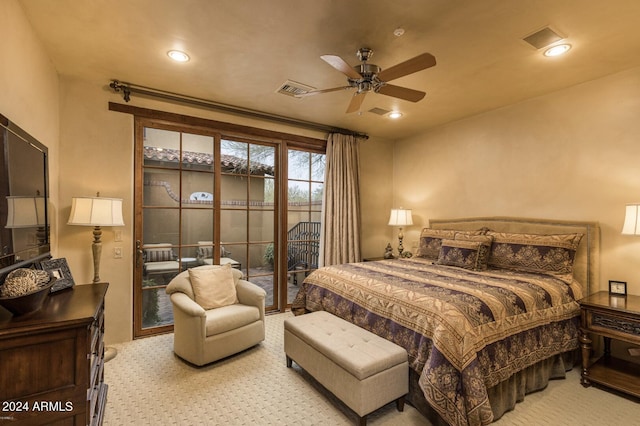 carpeted bedroom with access to exterior and ceiling fan