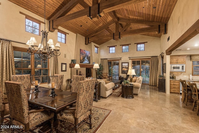 tiled dining area with beamed ceiling, wooden ceiling, a chandelier, and high vaulted ceiling