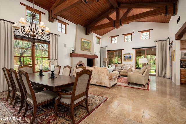 dining room featuring plenty of natural light, wooden ceiling, a notable chandelier, and high vaulted ceiling