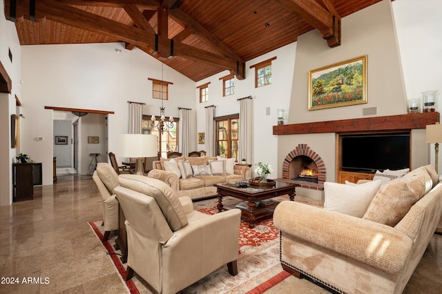 living room with high vaulted ceiling, beam ceiling, a brick fireplace, tile patterned flooring, and wood ceiling