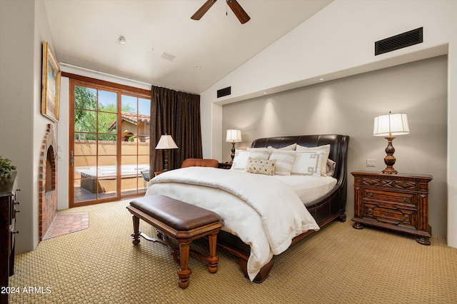 bedroom with carpet flooring, vaulted ceiling, access to exterior, and ceiling fan