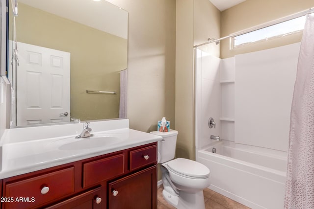 full bathroom featuring shower / bath combination with curtain, tile patterned floors, vanity, and toilet