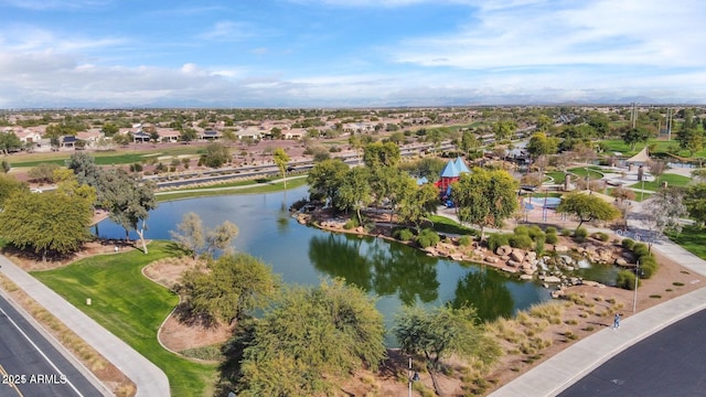 bird's eye view with a water view