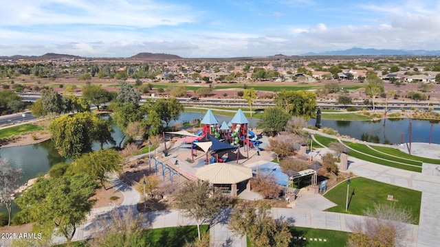 aerial view with a water and mountain view