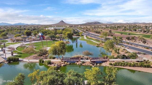 drone / aerial view featuring a water and mountain view