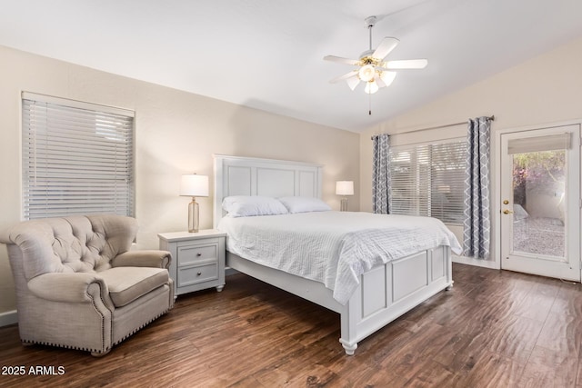 bedroom featuring lofted ceiling, access to exterior, dark hardwood / wood-style floors, and ceiling fan