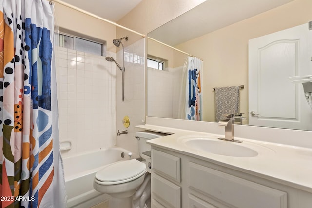 full bathroom featuring vanity, shower / tub combo with curtain, and toilet