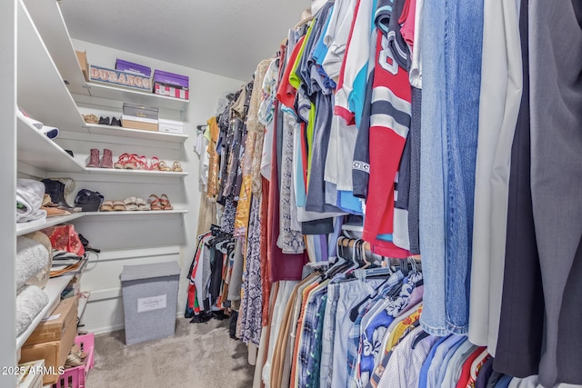 walk in closet with light carpet