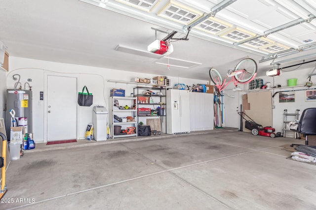 garage featuring a garage door opener, white refrigerator with ice dispenser, and water heater