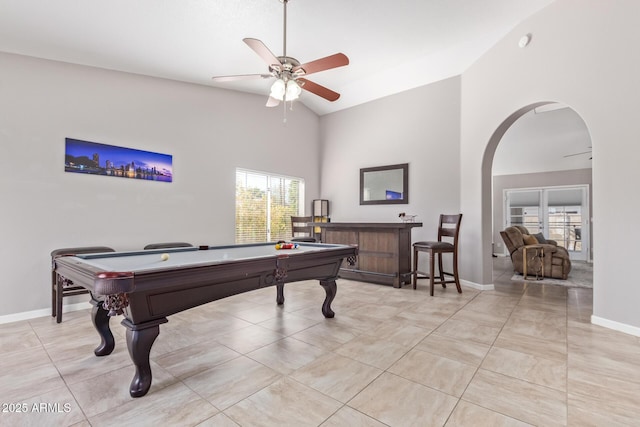 playroom featuring ceiling fan, pool table, high vaulted ceiling, and light tile patterned floors