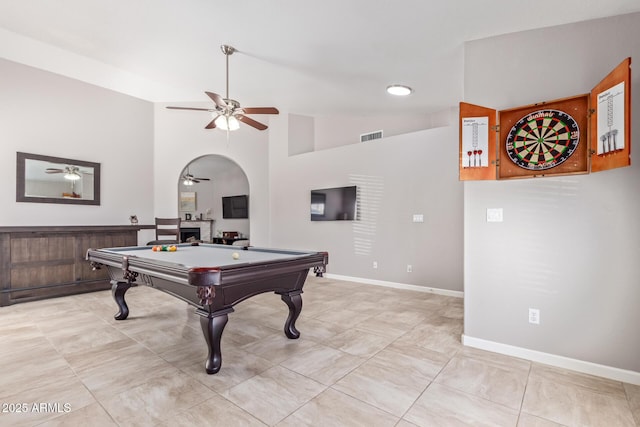 game room with ceiling fan, pool table, and high vaulted ceiling