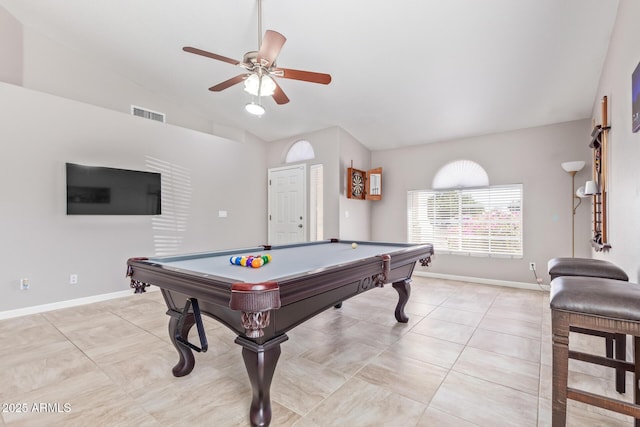 rec room featuring light tile patterned flooring, billiards, and ceiling fan