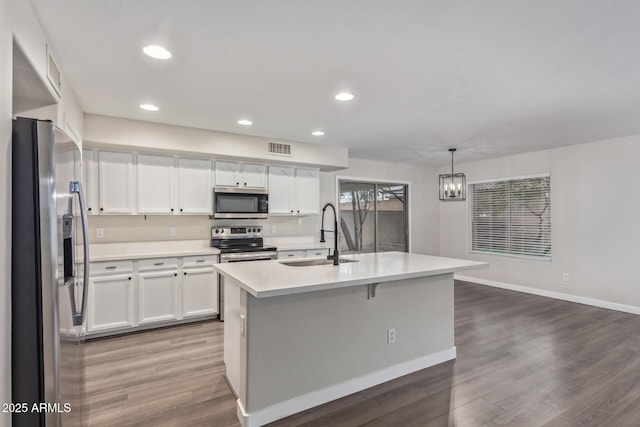 kitchen with stainless steel appliances, a sink, visible vents, and white cabinets