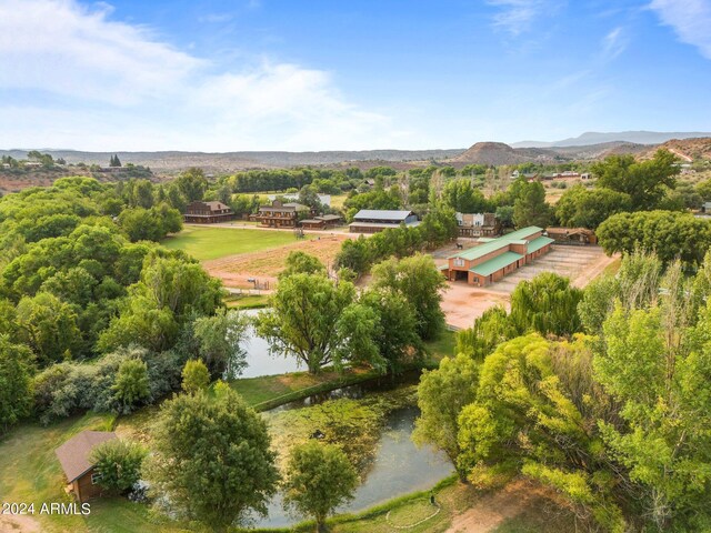 bird's eye view with a water and mountain view and a rural view