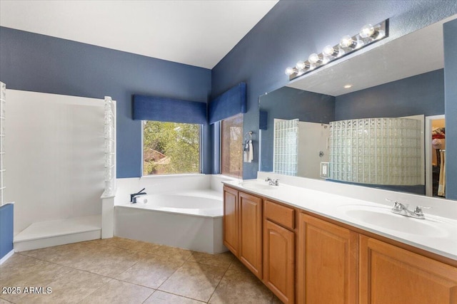 5212 S Monte Vista St, Chandler, AZ 85249 - full bath featuring a garden tub, double vanity, a walk in shower, and tile patterned floors