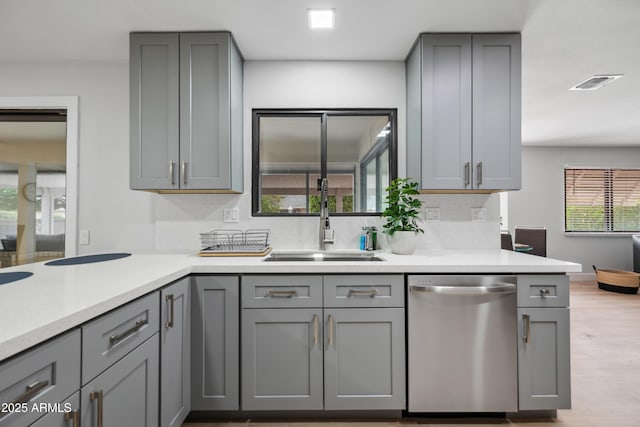 kitchen with stainless steel dishwasher, visible vents, and gray cabinets