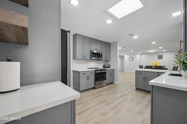 kitchen featuring gray cabinets, visible vents, appliances with stainless steel finishes, light wood finished floors, and recessed lighting