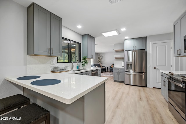 kitchen featuring appliances with stainless steel finishes, a sink, light wood finished floors, gray cabinets, and a peninsula