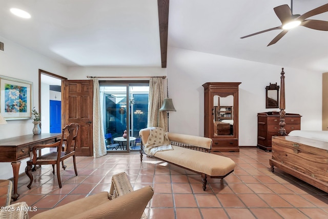 interior space featuring access to outside, ceiling fan, and light tile patterned floors