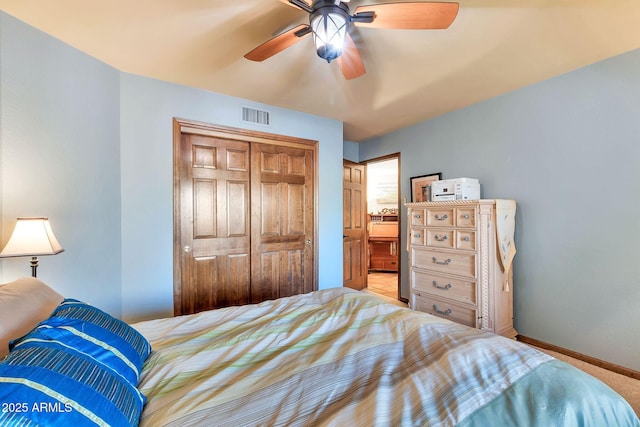 bedroom featuring ceiling fan and a closet
